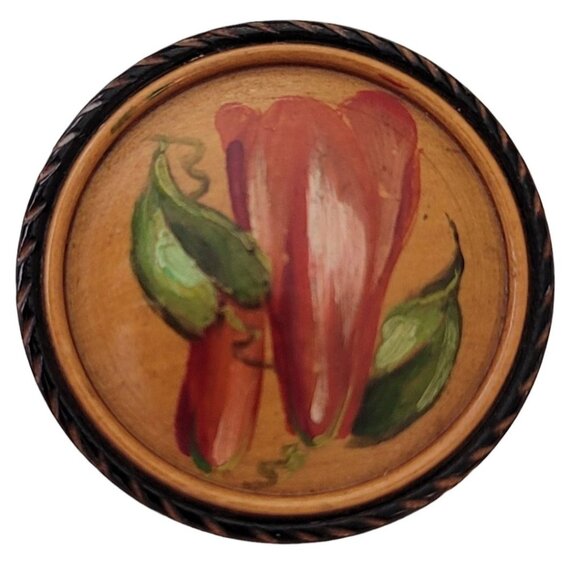 Vintage Carved Wood Painted Flower Round Pin Brooch E827 - Picture 7 of 7